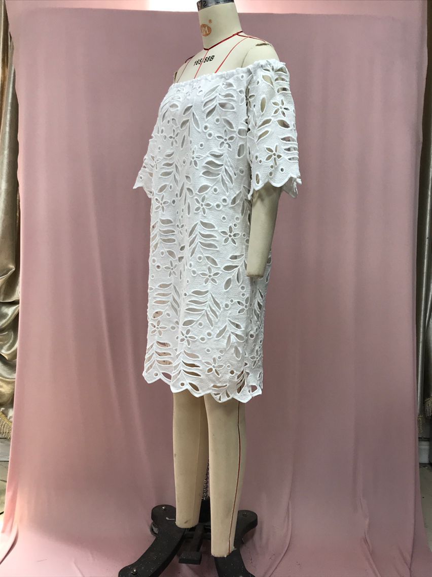Spring Summer Solid Color Lace Half-Sleeve Off Shoulder Fashion Casual Dress 17