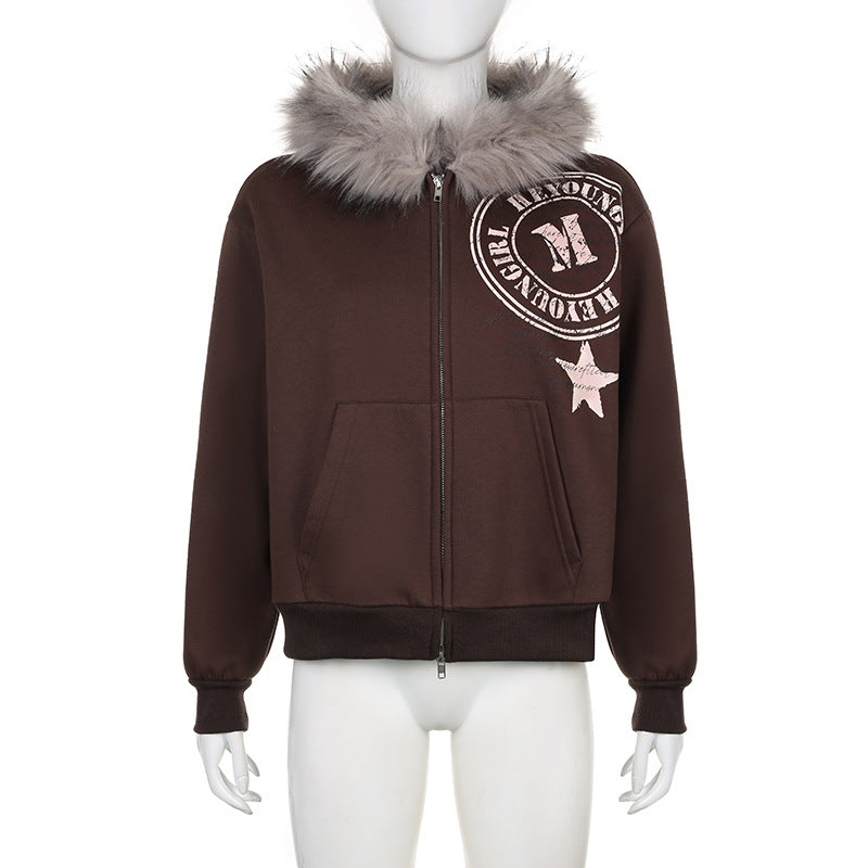 Winter Plush Hooded Badge Print Retro Jacket Loose Plus Size Casual Zipper Hoodies 9