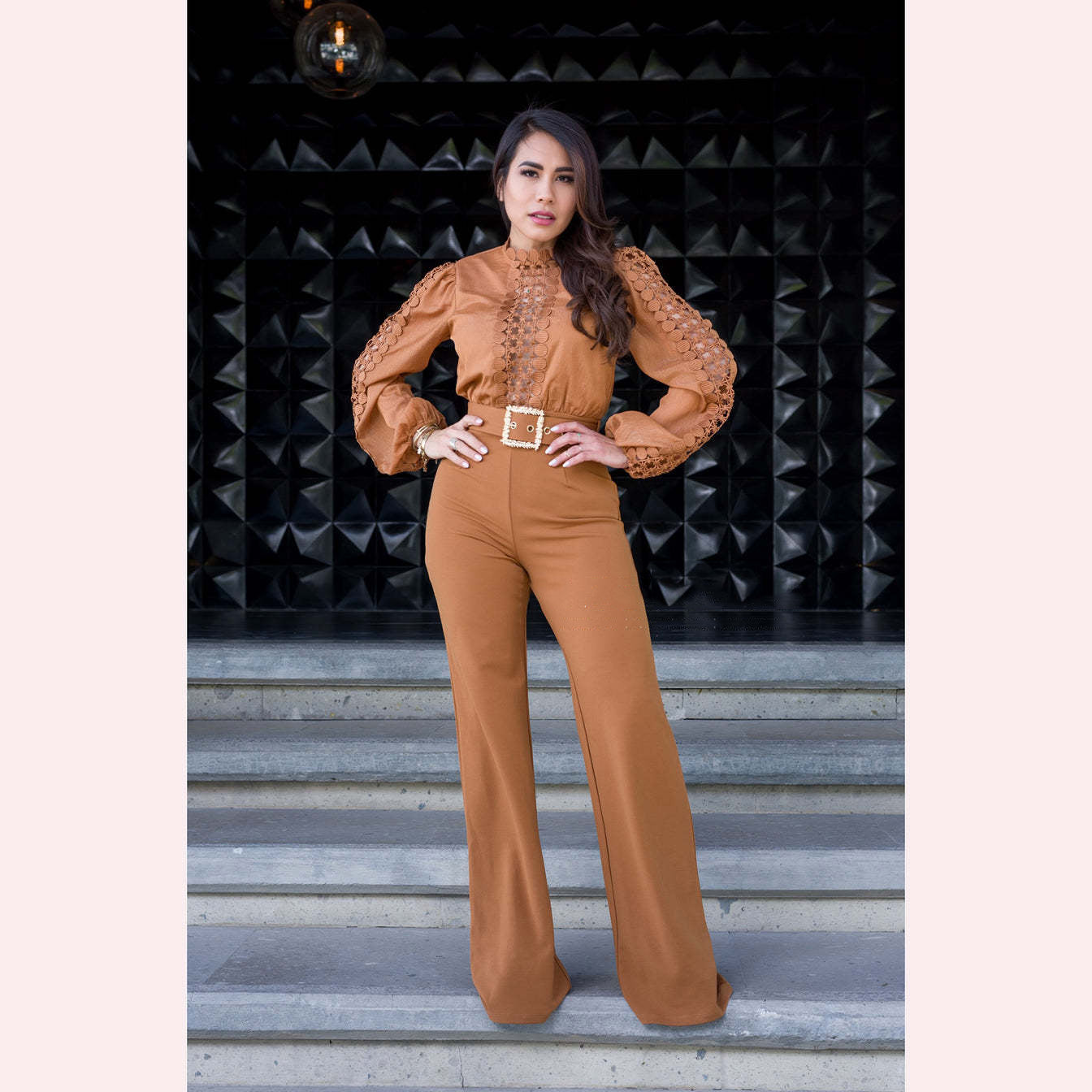 Women Elegant Lace Patchwork Lace-Up Wide-Leg Jumpsuit 39