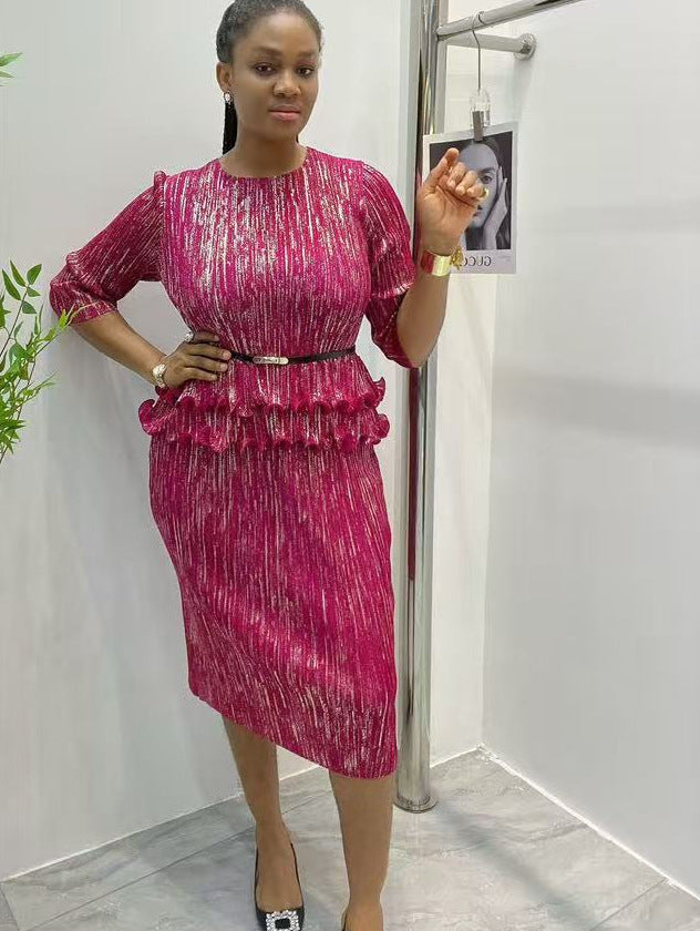 Fashion Pleated Shiny Plus Size African Round Neck Chic Sexy Bodycon Dress 3