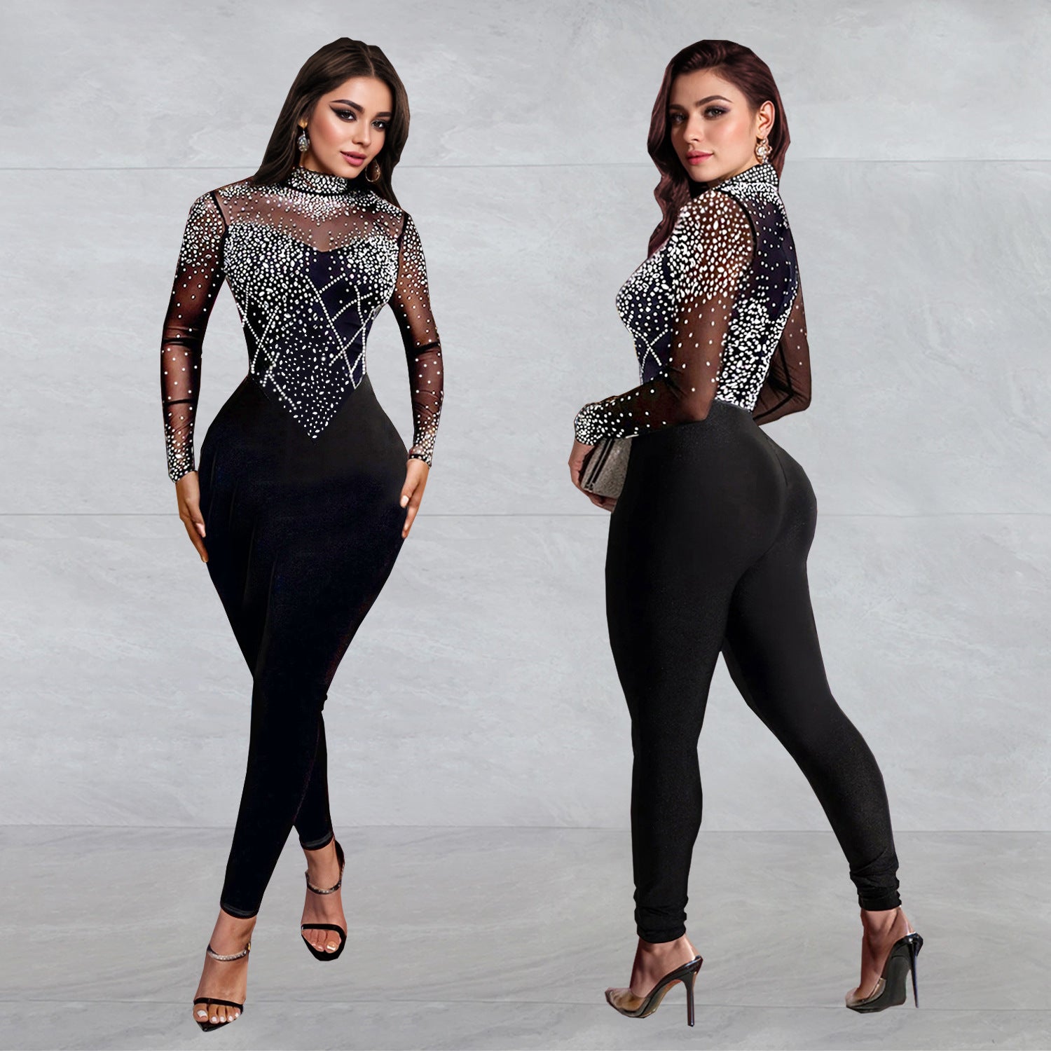Fashionable Women's Slim Mesh Beaded Long-Sleeved Jumpsuit