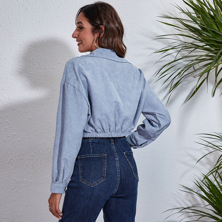 WomenFall/Winter Corduroy Long Sleeve Pocket Crop Jacket 3