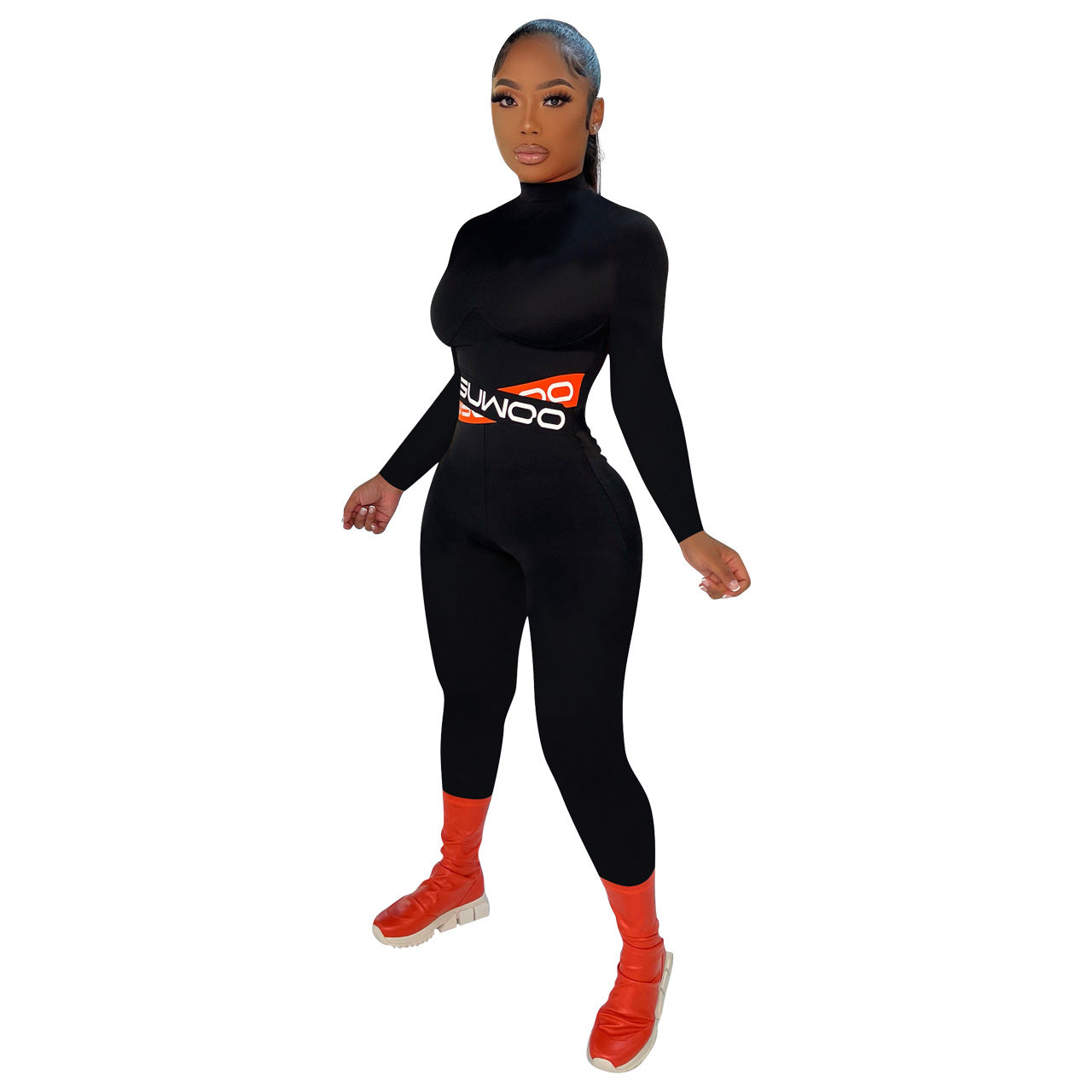 Women Sexy Letter Print Solid Color Long Sleeve Jumpsuit 8