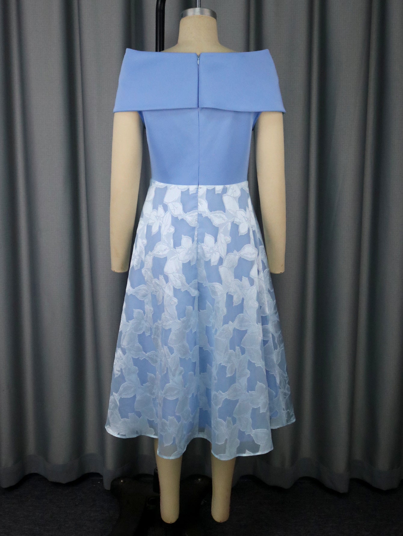 Elegant Bow Off-Shoulder Patchwork Blue Chiffon High-Waist Party Dress 6