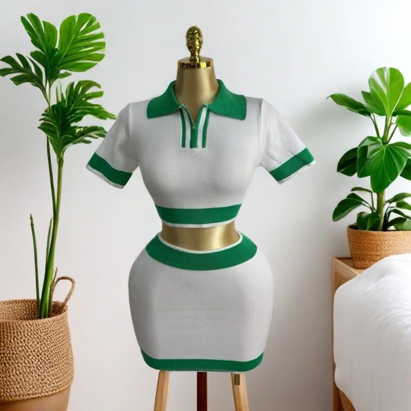 Fashion Short Sleeve Set Women Loose Spring Turndown Collar Half Sleeve Knitting Top Short Skirt Set 5