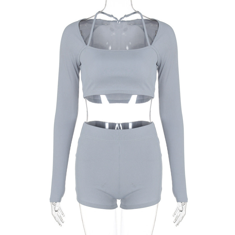 Autumn And Winter Women's Knitting Ribbed High Stretch Sports And Fitness Two-Piece Shorts Set For Women 11