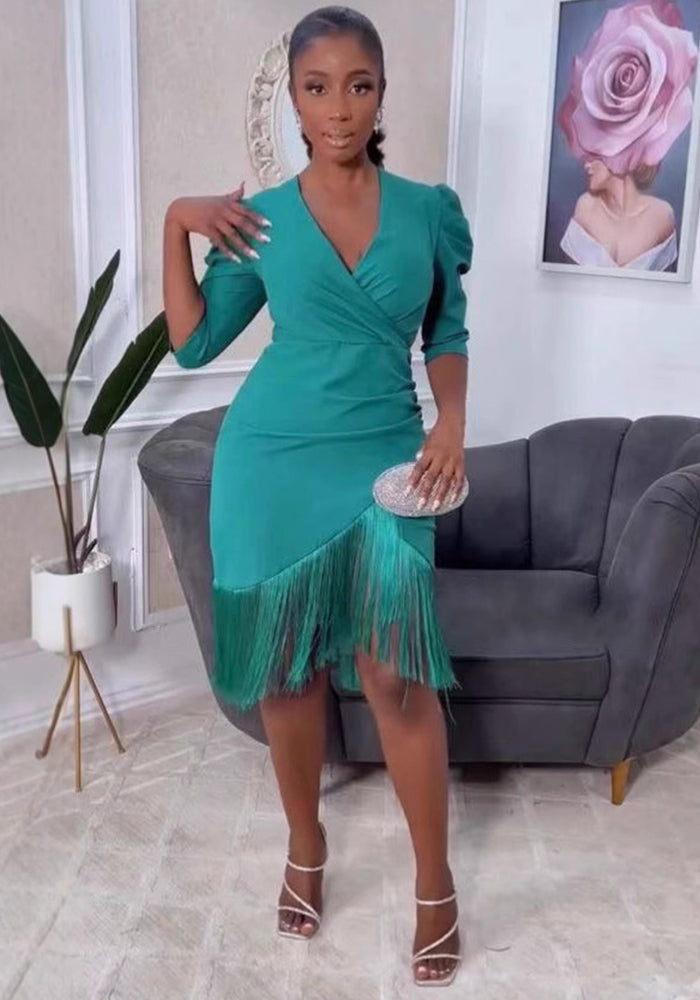 Women solid tassel v-neck sexy bodycon irregular dress