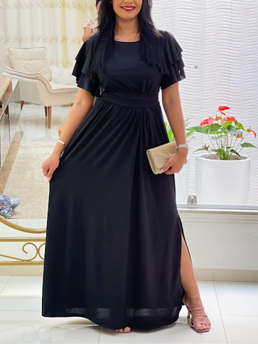 Plus Size Women Long Sleeve Solid Slit Sexy Dress 6