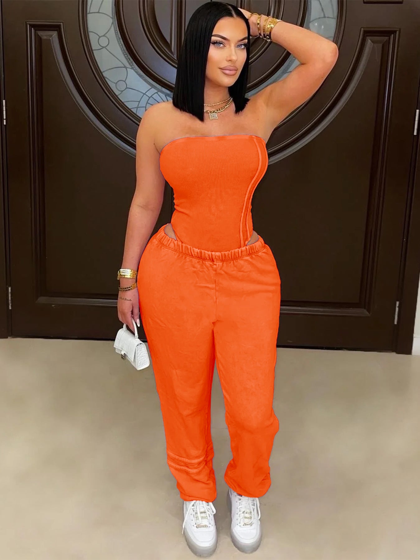 Strapless Slim Bodysuit and Loose Leg Pants Two-Piece Set for Women 3