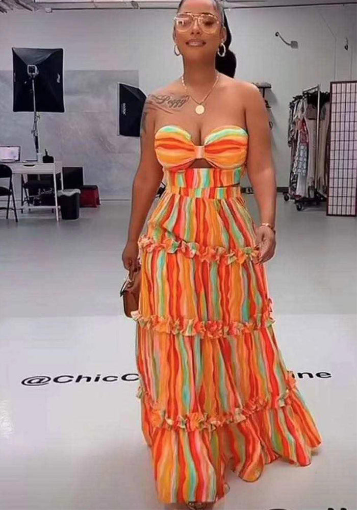 Women strapless striped print fashion Top and long skirt two-piece set