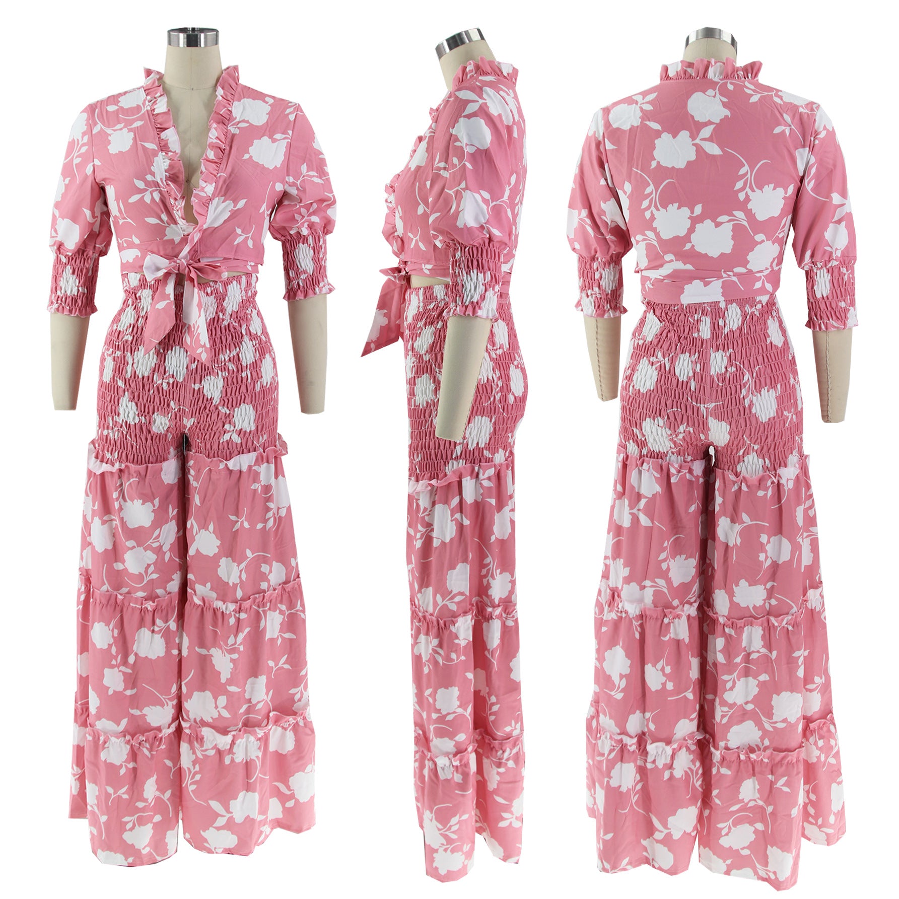 Sexy Printed Lace-Up Shirt Wide-Leg Pants Summer Two-Piece Set 7