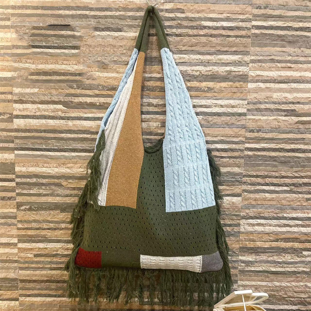 Fringed Women Patchwork Knitting Handbag Single Shoulder Bag Retro Knitting Bag 5