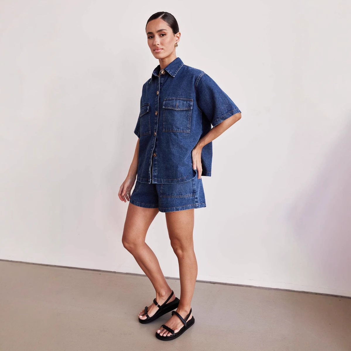 Women Retro Casual Pocket Short Sleeve Shirt and Denim Shorts two-piece set