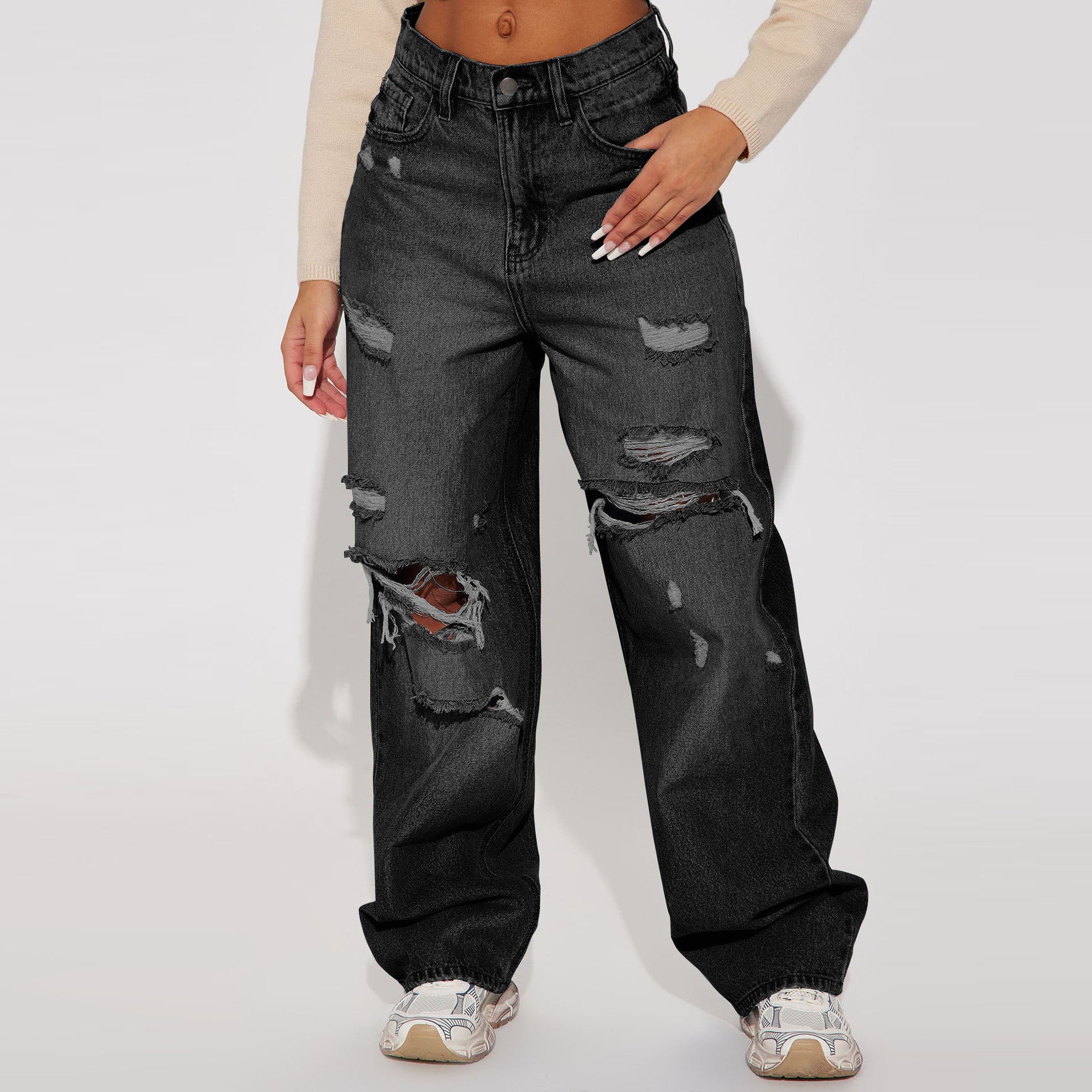 Women Winter Street Irregular Ripped Denim Straight Pants 7