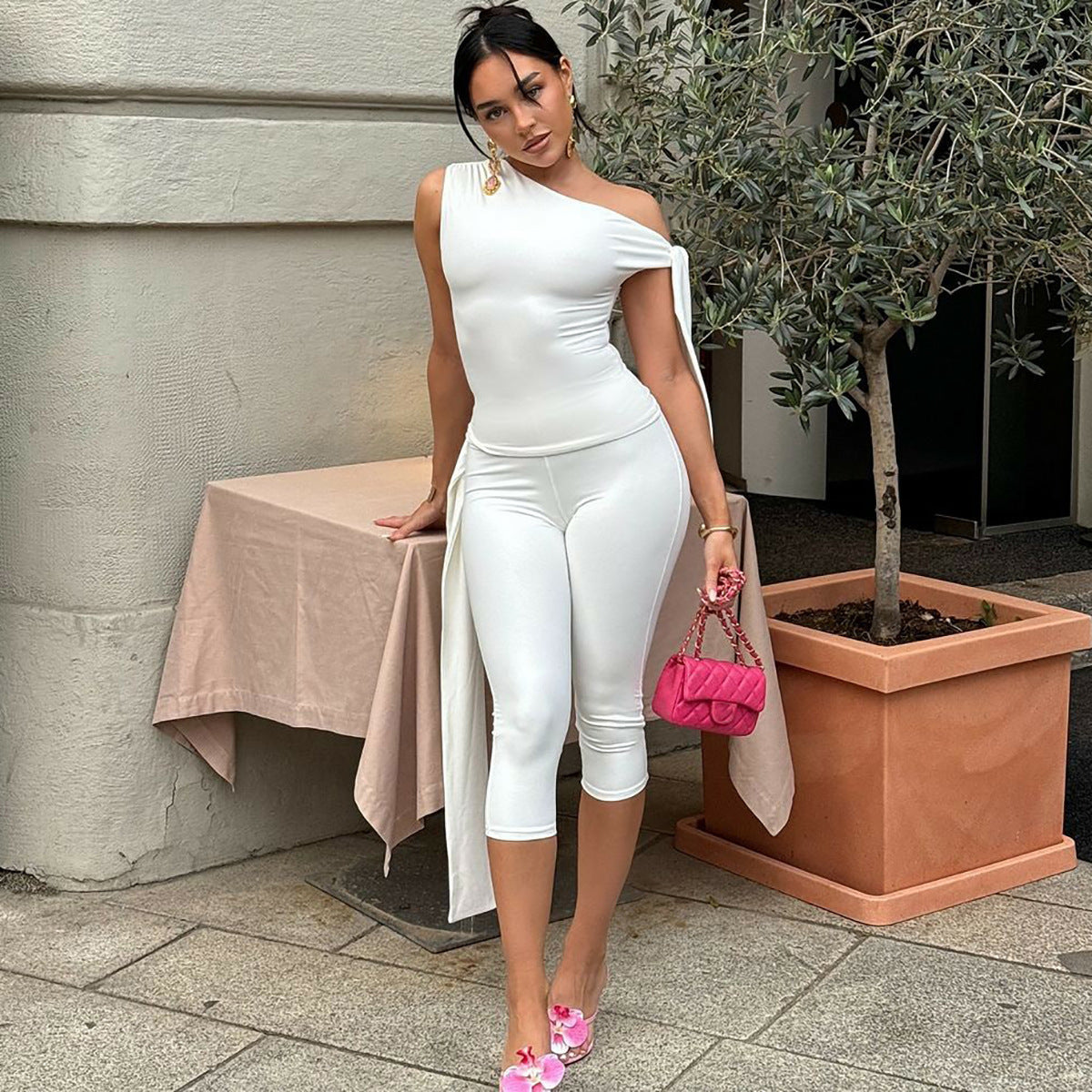 Women's Summer Fashion Slash Shoulder Sleeveless Top Slim Lace-Up Shorts Two Piece Set 5