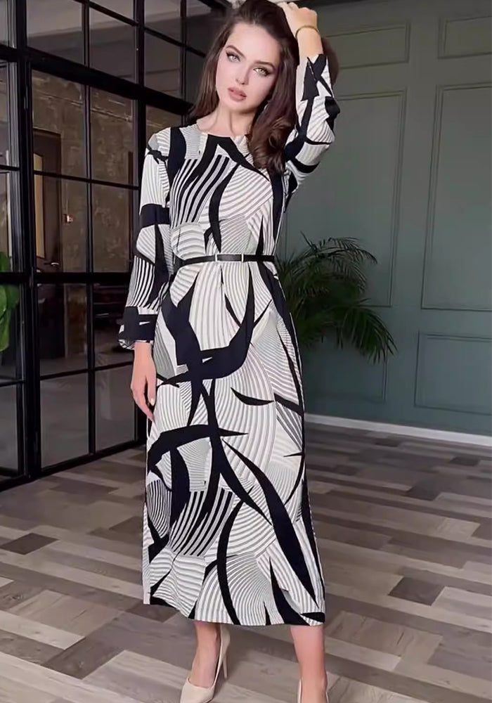Women's Autumn Fashion Chic Elegant Printed Long Sleeve Split Midi Dress