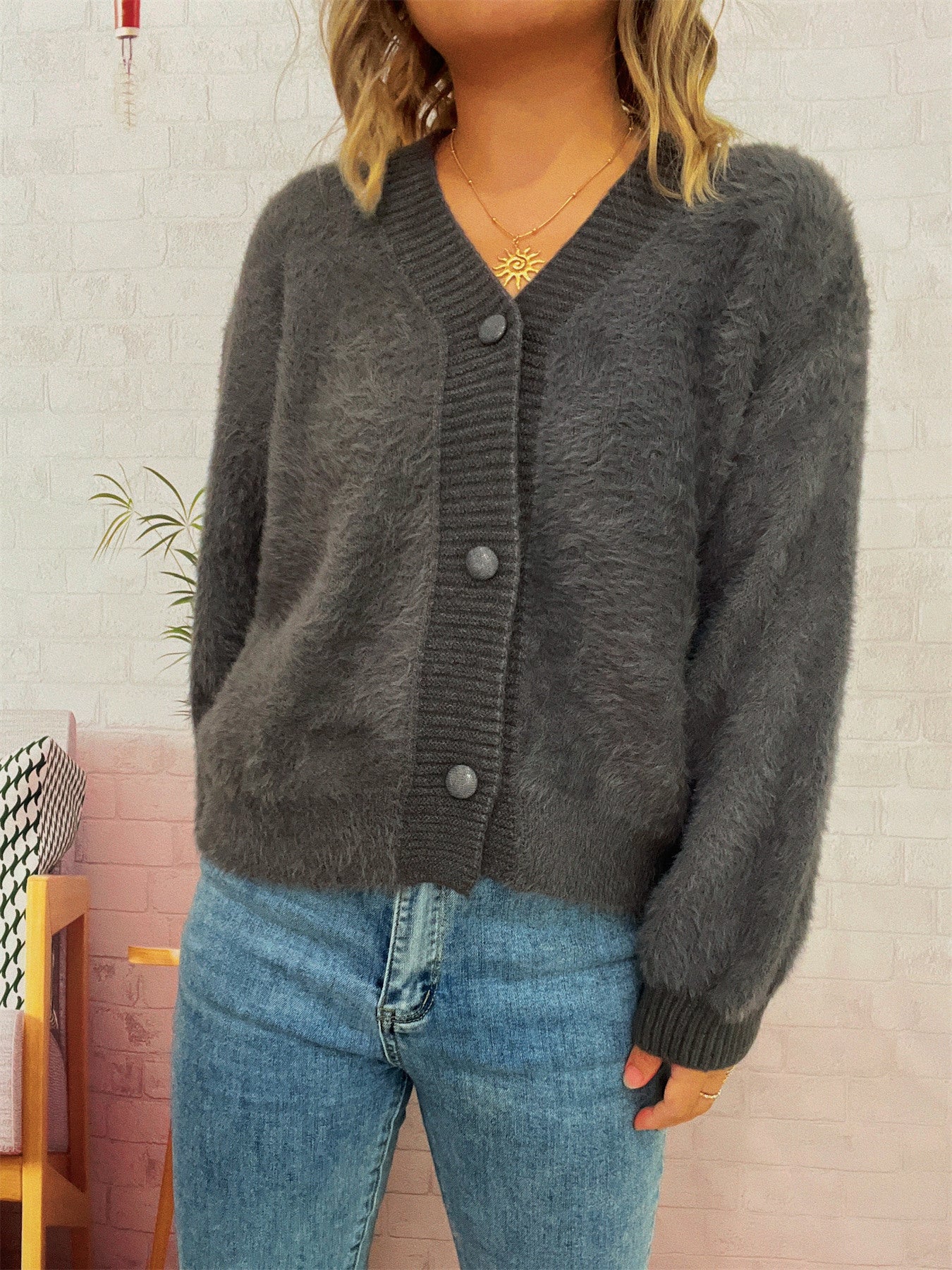 Women autumn/winter casual furry V-neck solid sweater 23