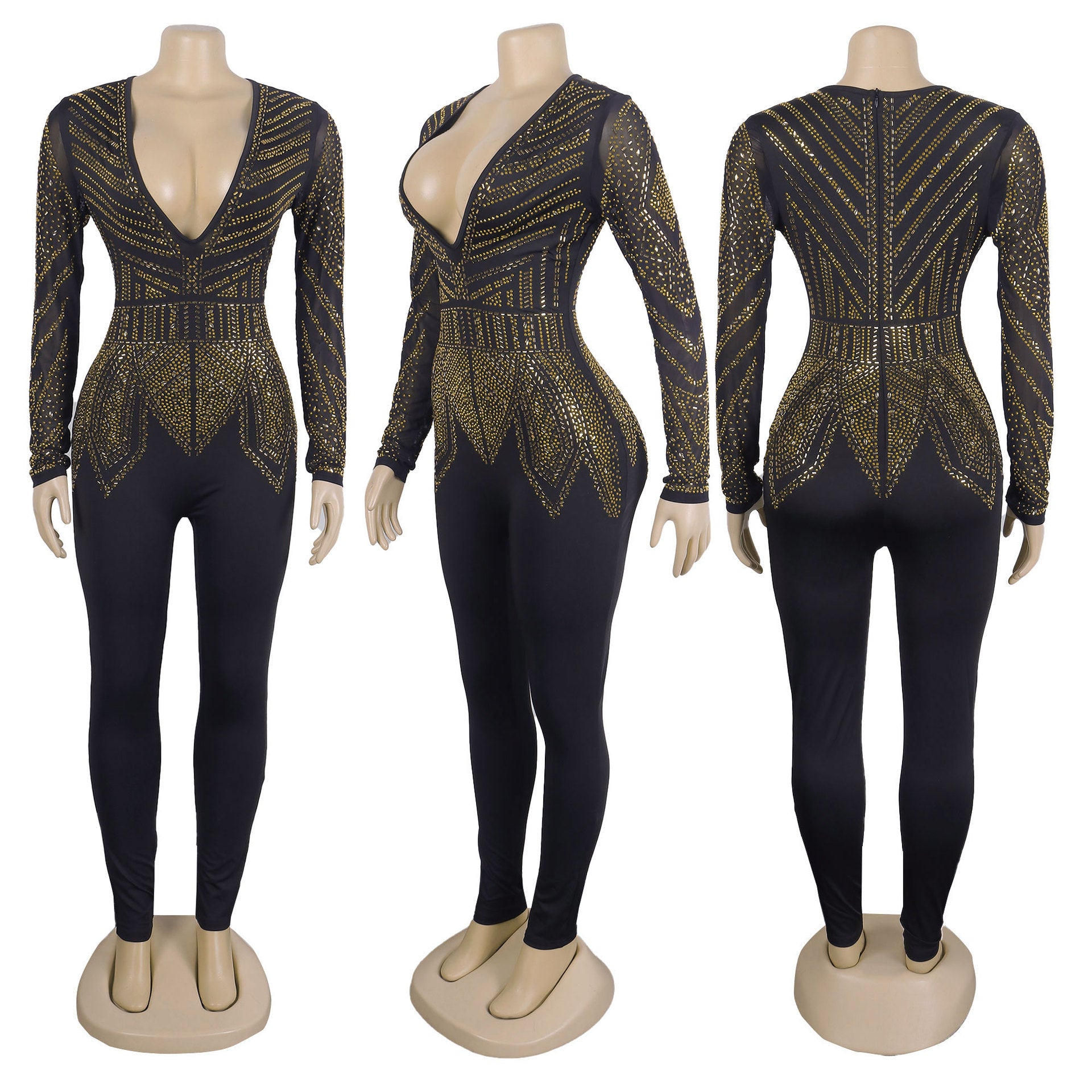 Women Sexy Beaded V-Neck Stretch Jumpsuit 21