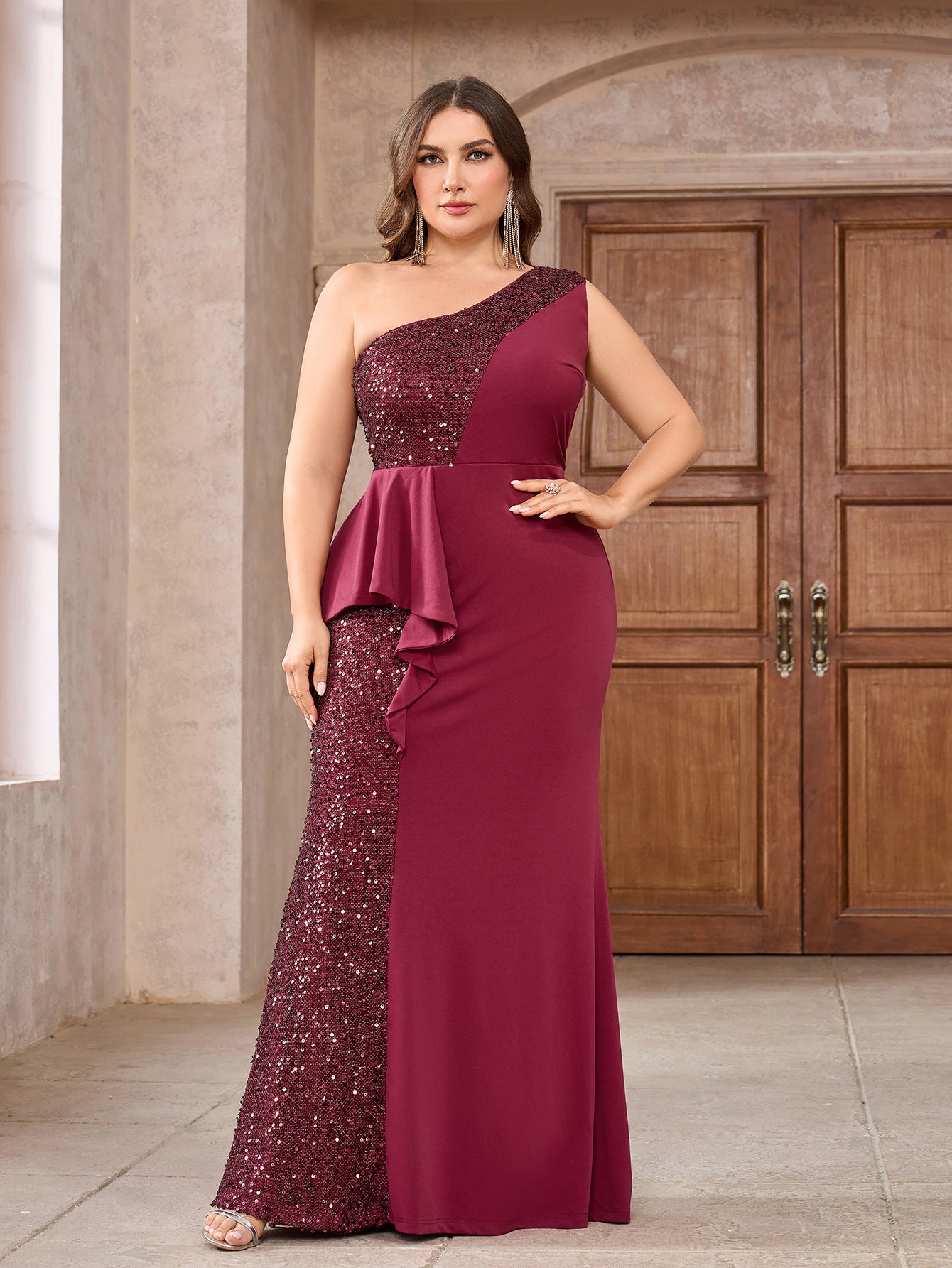 Plus Size Women One Shoulder Sequin Bodycon Elegant Formal Party Evening Dress 7