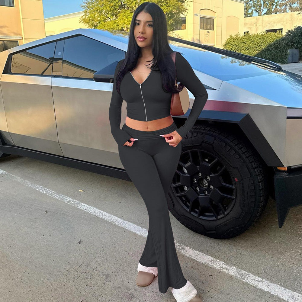 Women Zipper Long Sleeve Hooded Top and Bell Bottom Two-piece trousers 7