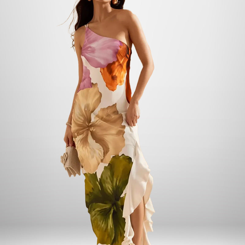 Women Spring Elegant Sleeveless One-Shoulder Printed Dress 5