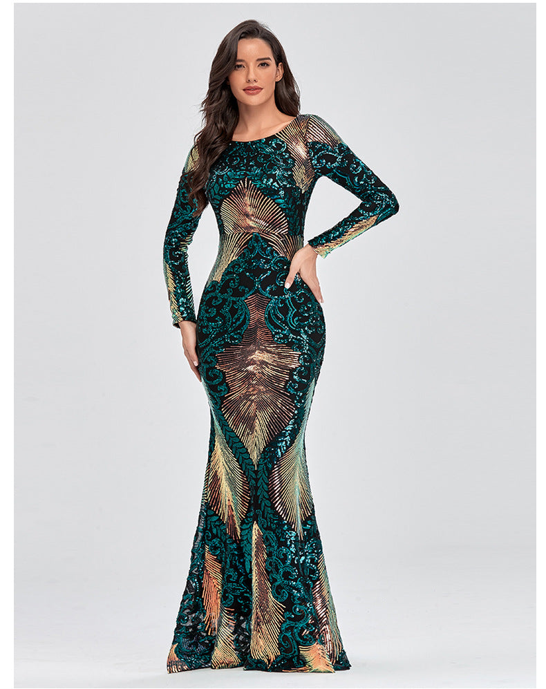 Plus Size Women Stretch Elegant Long Sleeve Round Neck Backless Sequined Mermaid Evening Gown