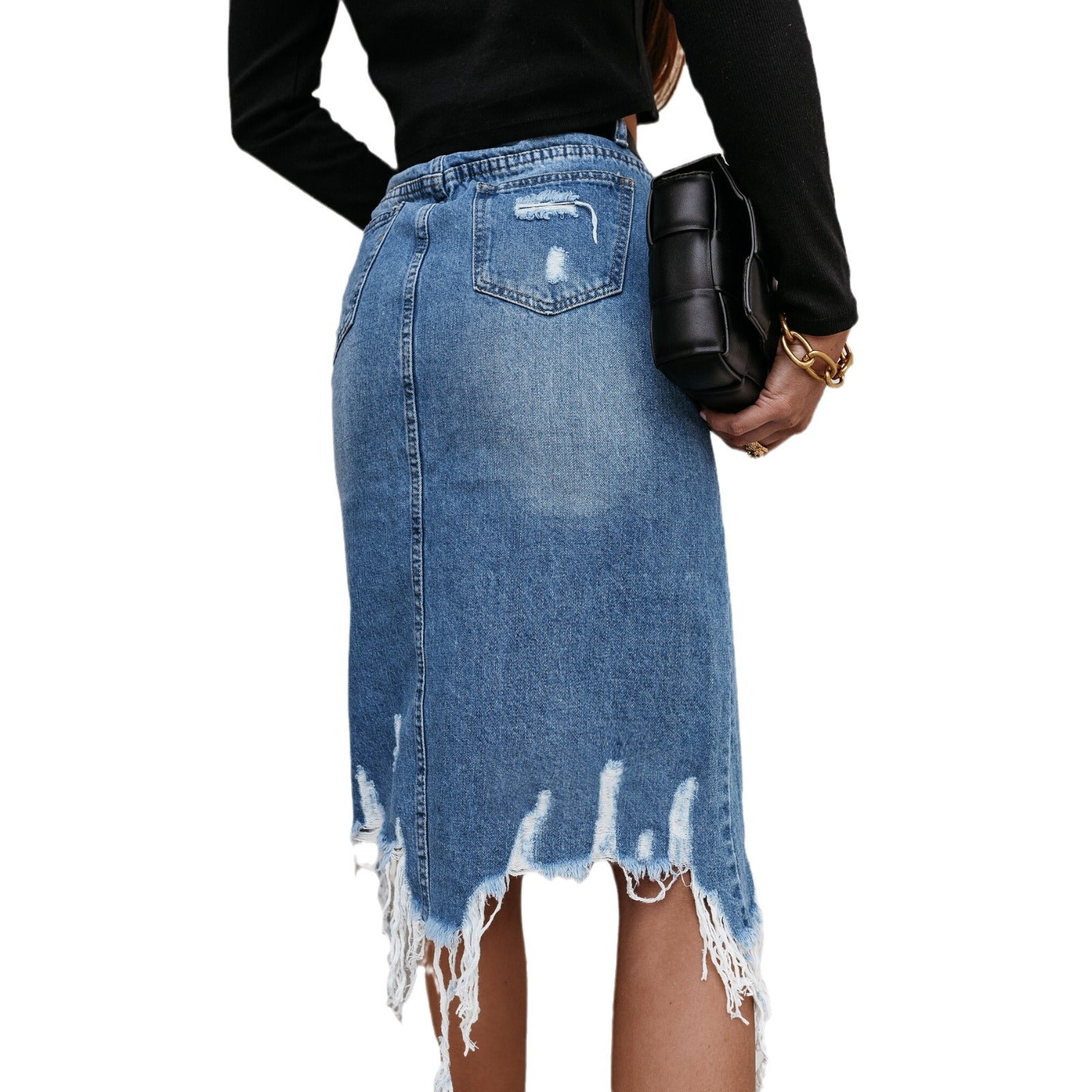 Spring Summer Women's High Waist Front Slit Denim Long Skirt 7