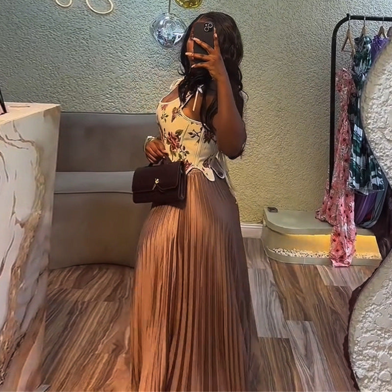 Women's Summer Sweet Print Slim-Waist Vest & High-Waist Pleated Skirt Two Piece Set 4