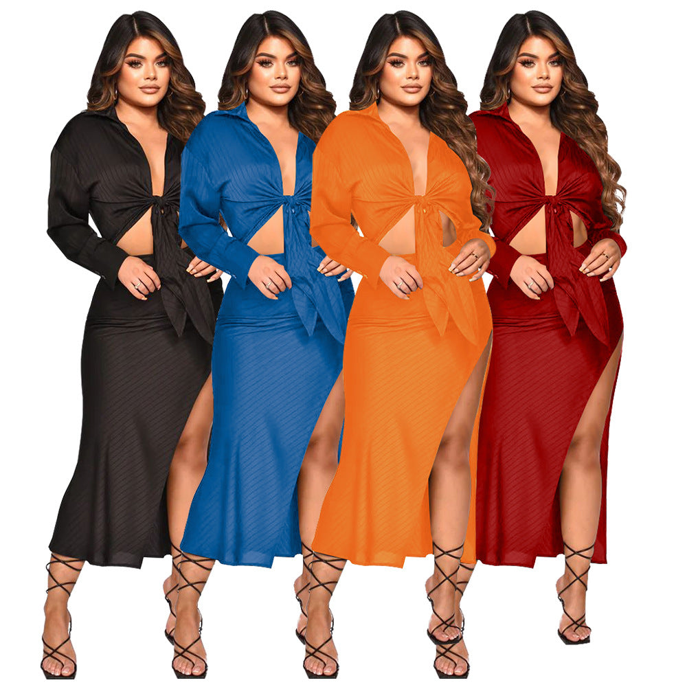 Women's Fall Ribbed Long Sleeve Slit Skirt Set