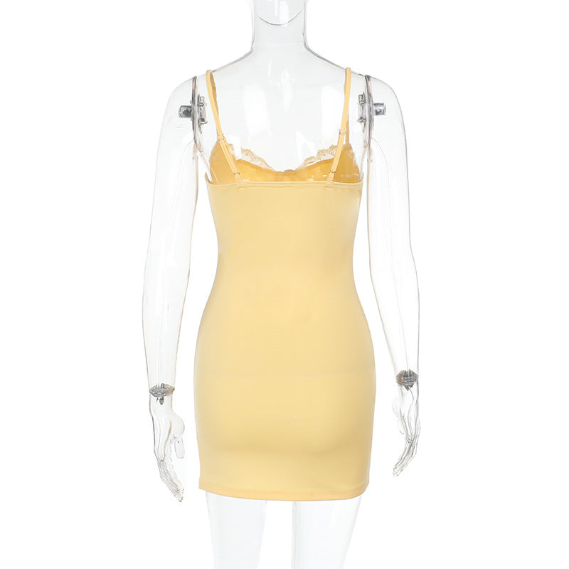 Women sexy suspender lace edge slit dress 11