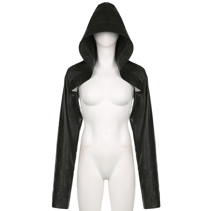 Hip-Hop Street Trendy Hooded Ultra-Short Leather Long-Sleeved Pure Black Jacket 9