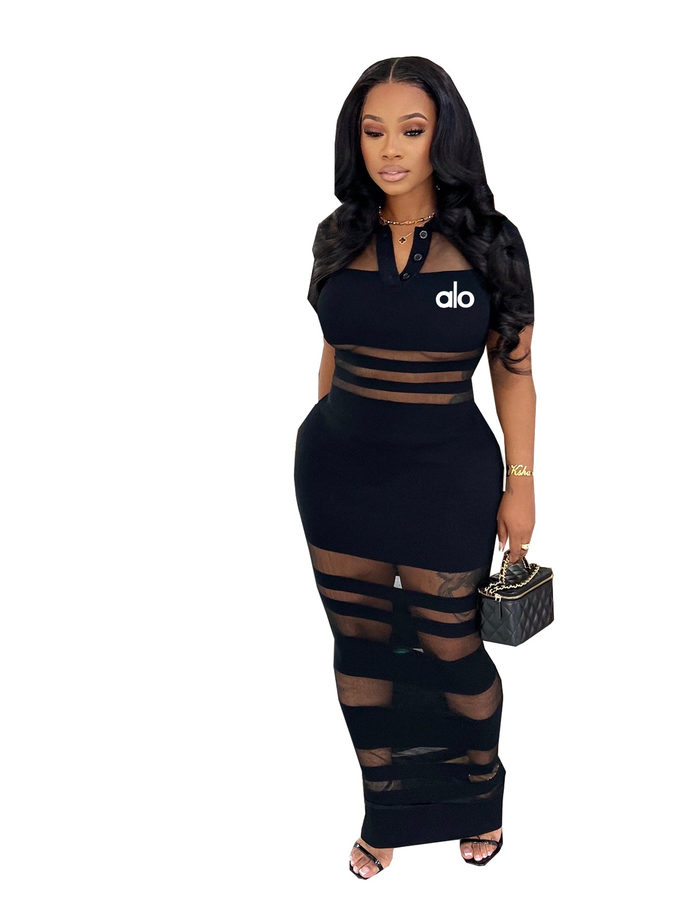 Women Sexy Mesh Patchwork Polo Neck Bodycon Dress 8
