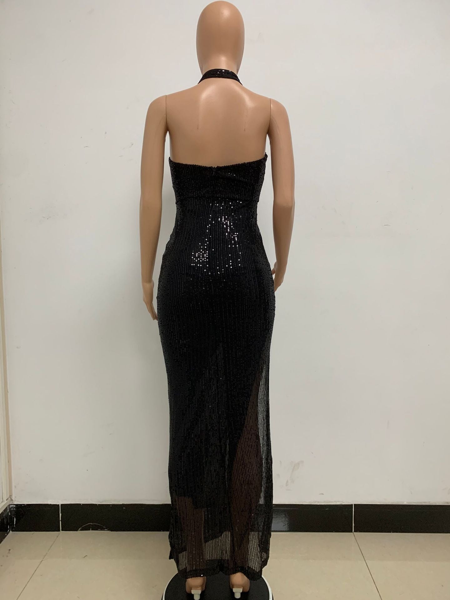 Women Sleeveless Halter Neck Backless Sequin Slit Evening Dress 78