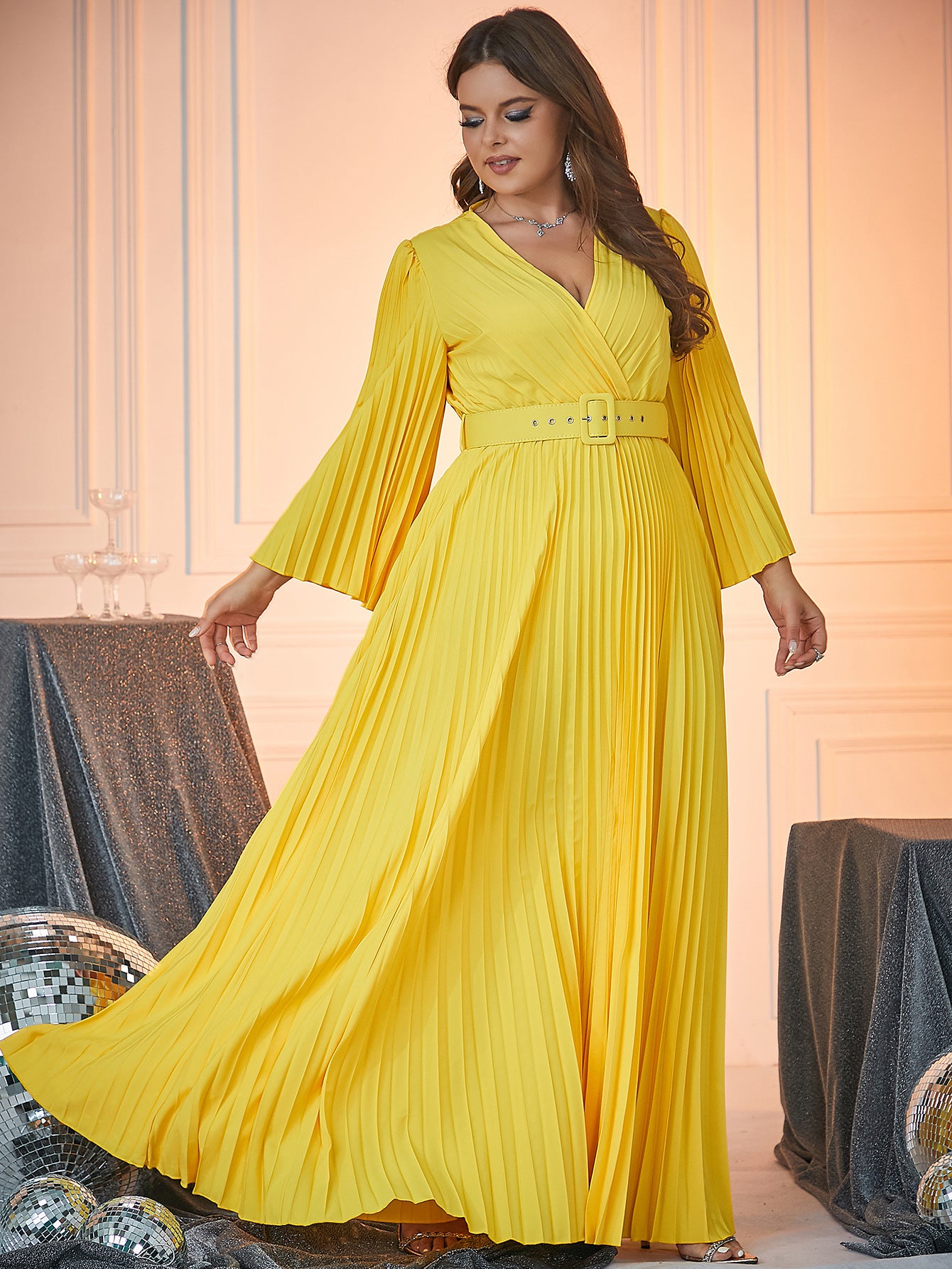 Long Sleeve V Neck Dress Plus Size Solid Color Women's Clothing 4