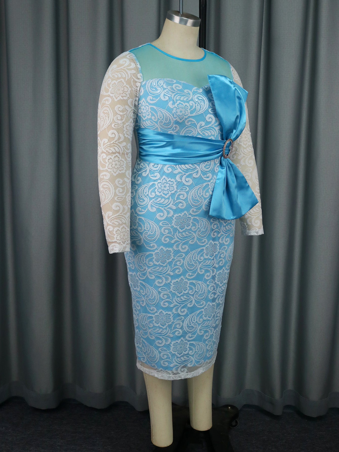 Sexy See-Through Lace Long Sleeve Formal Party Bow Evening Dresses 5