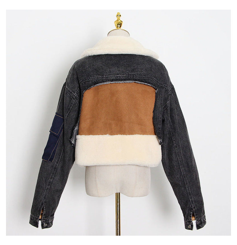 Women Lamb Wool Patchwork Loose Casual Denim Crop Jacket 11