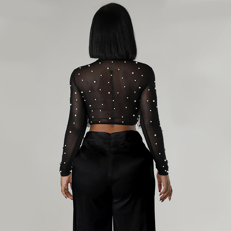 Women summer solid round neck polka dot mesh crop top and trousers two-piece suit 3