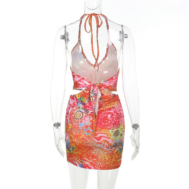 Women summer sexy printed hollow Halter Neck Bodycon dress 8