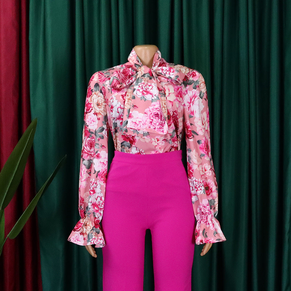 Women's Fashion Chic Slim Fit Printed Lace-Up Plus Size African Shirt 18