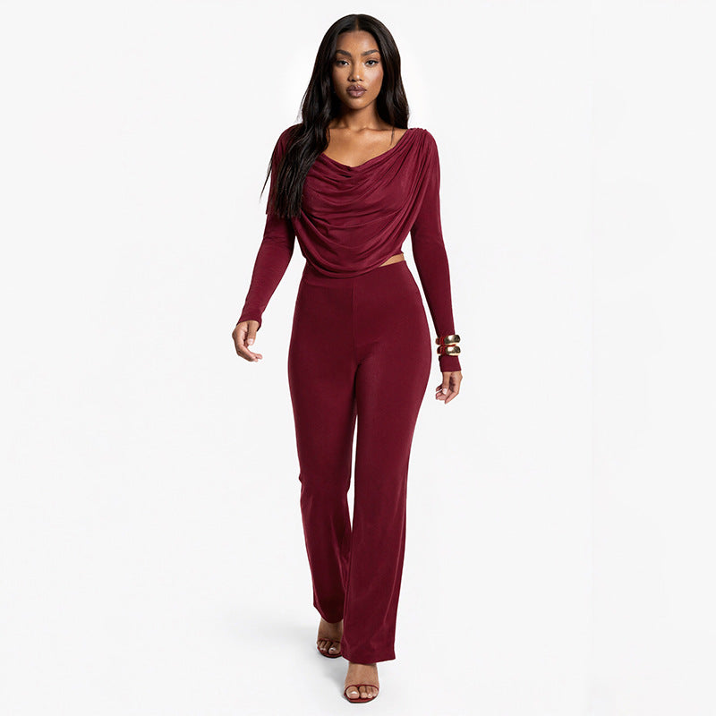 Women Fall Solid Casual Long-Sleeved Top and Pants Two-Piece Set