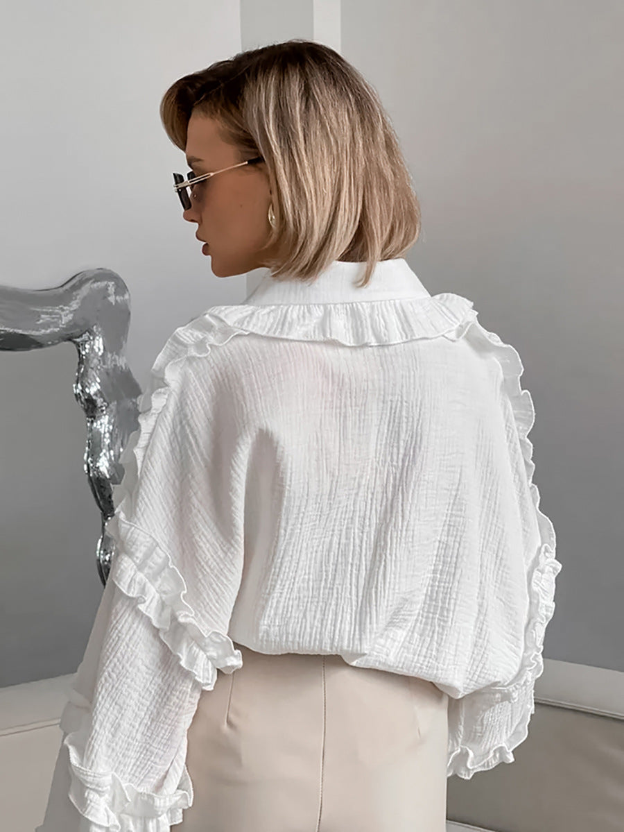 Women Spring and Summer Casual Turndown Clar Lantern Sleeve Career Shirt 5