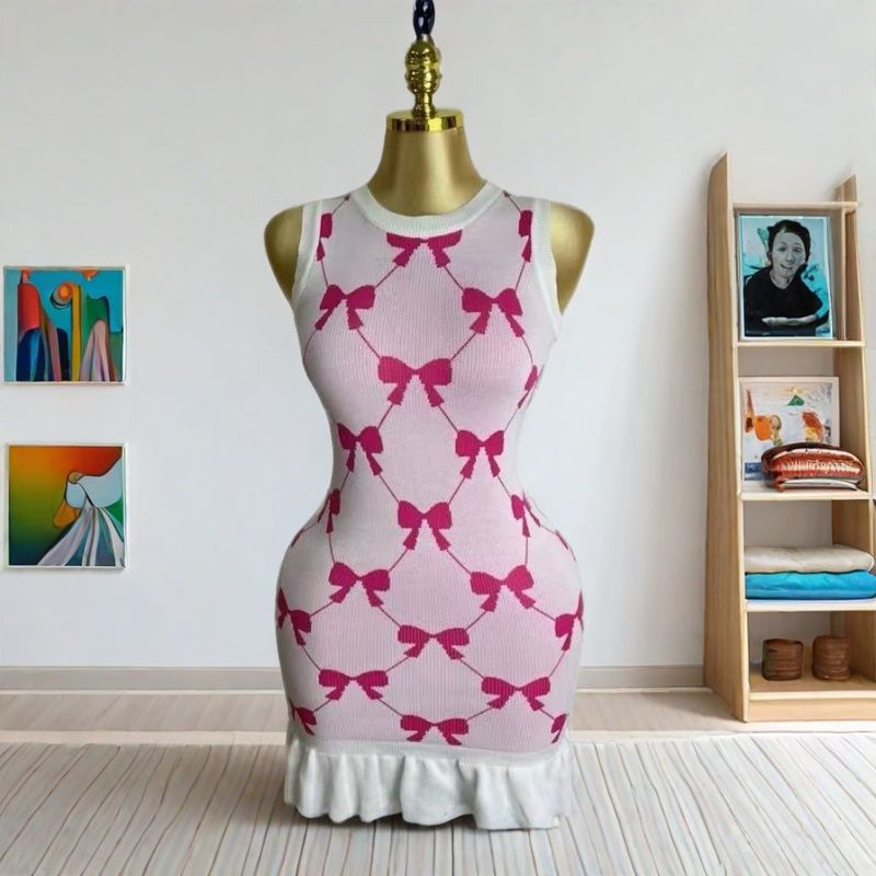 Women Summer Bow Jacquard Knitting Sleeveless Dress 4