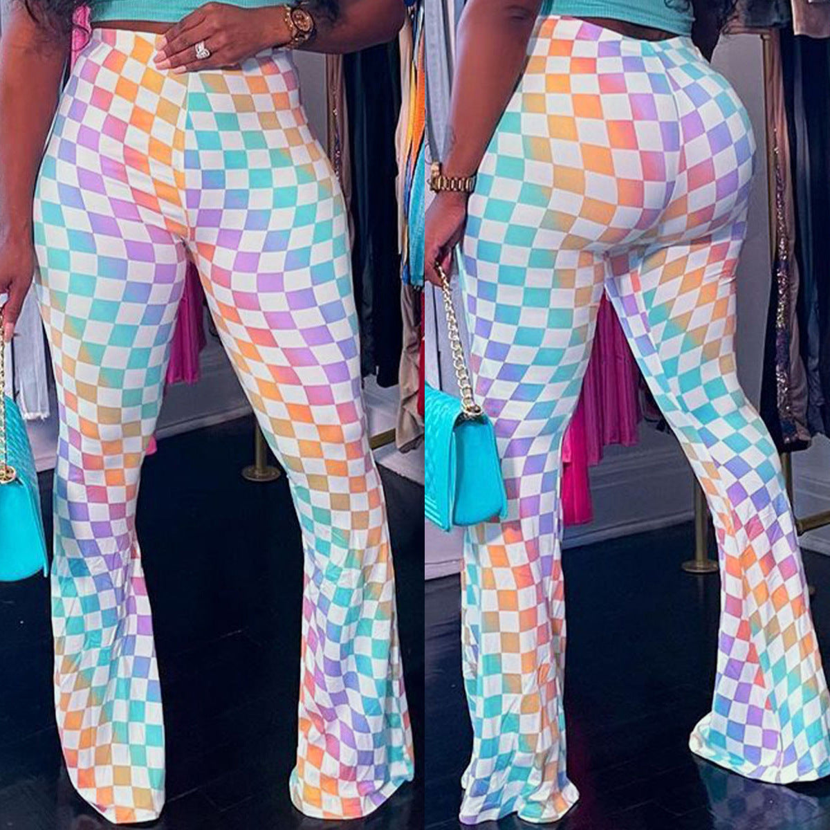 Plus Size Women Plaid Print Bell Bottom Pants 7