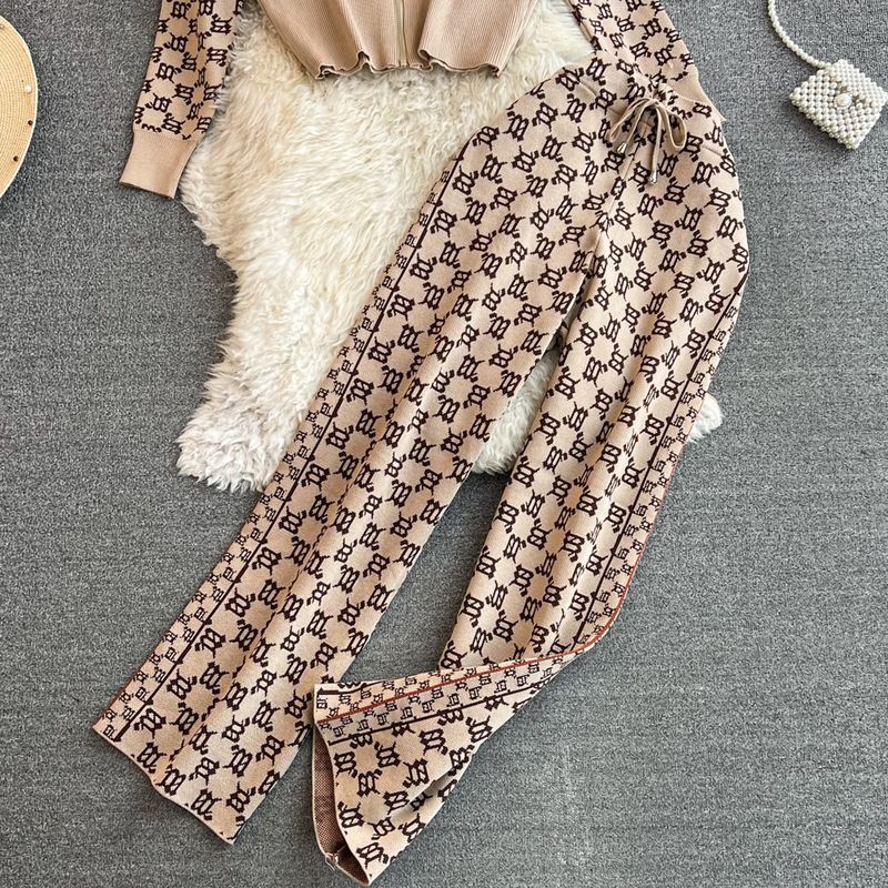 Women long-sleeved zipper jacquard knitting jacket and high-waisted wide-leg pants two-piece set 4