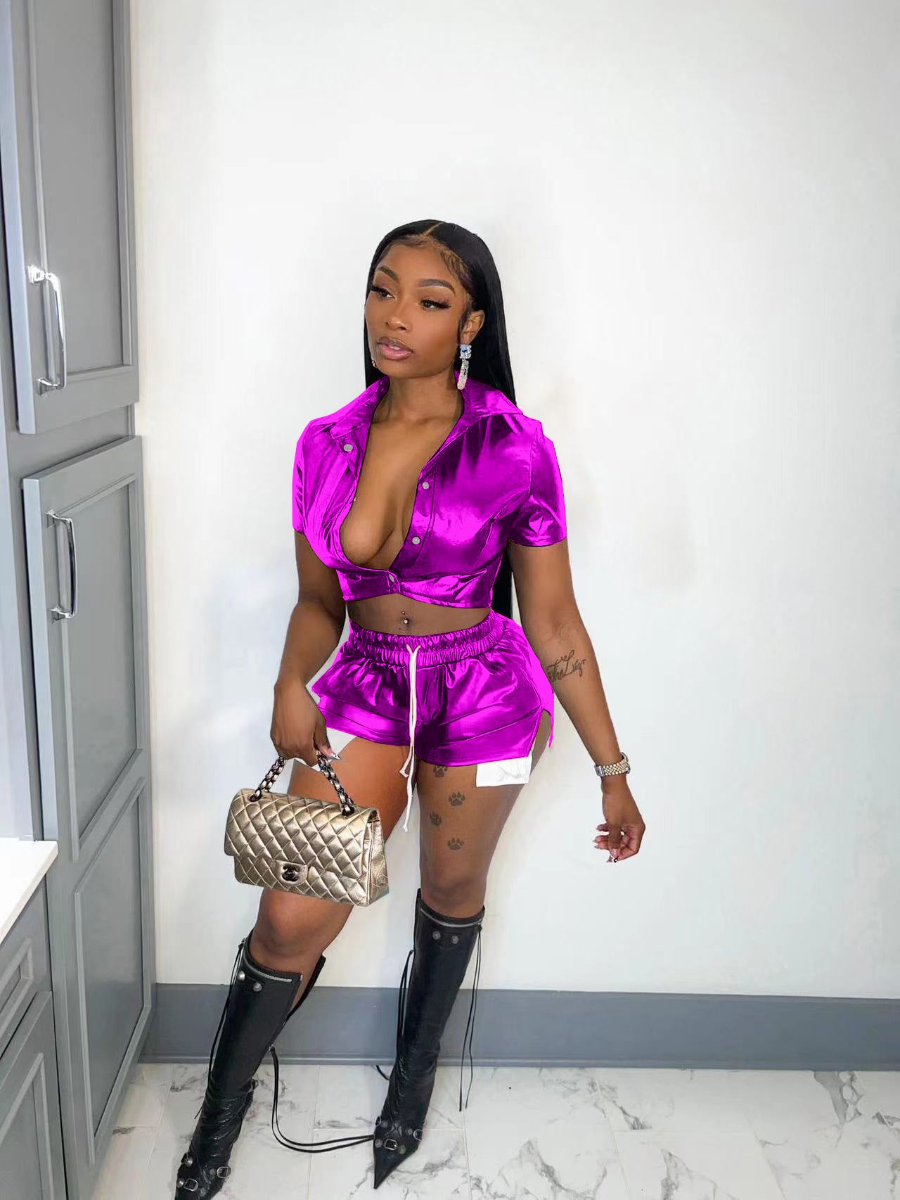 Women's Deep Pocket Slit Pu Leather Short Front Short Back Long Shorts Two-Piece Set 9