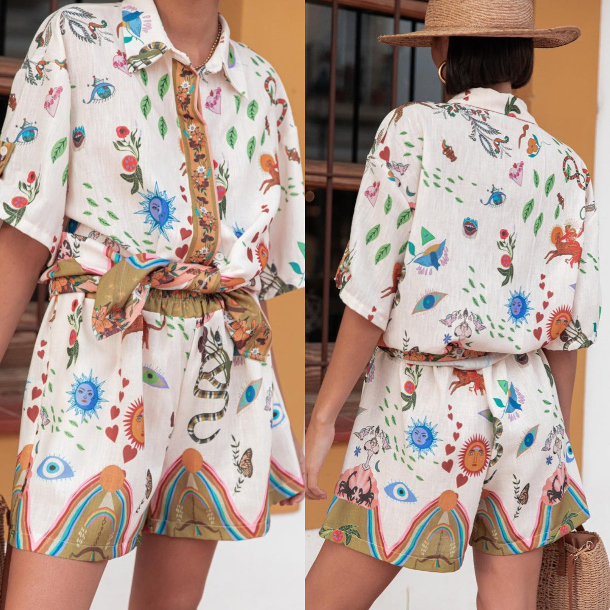 Summer Women Printed Shirt and Shorts Two-Piece Set 3