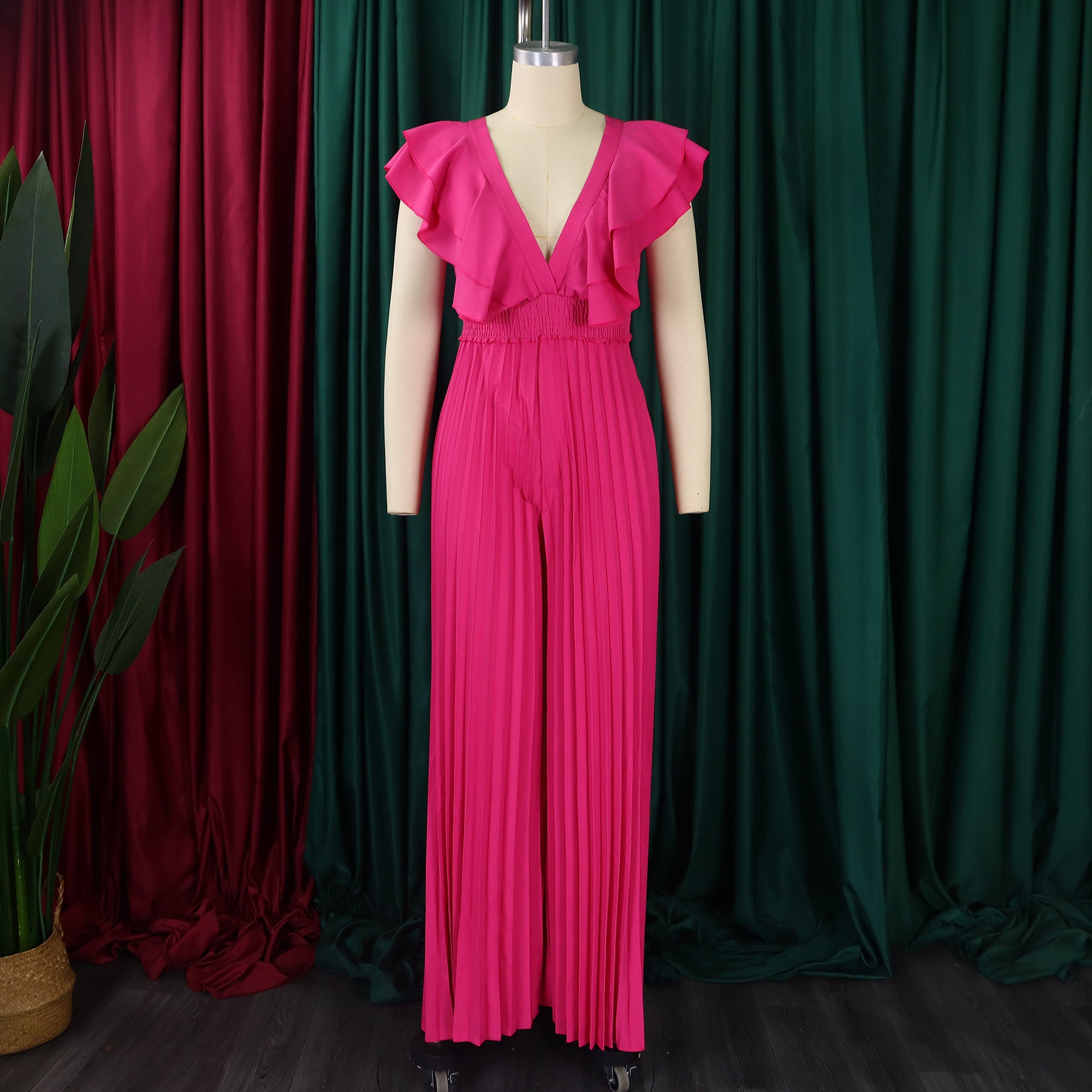 Women's Deep V Neck High Waist Sexy Ruffled Pleat Wide Leg Jumpsuit 21