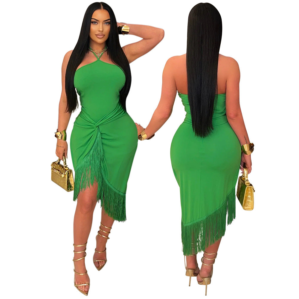 Women's Summer Sleeveless Halter neck Tassel Long Irregular Dress 7