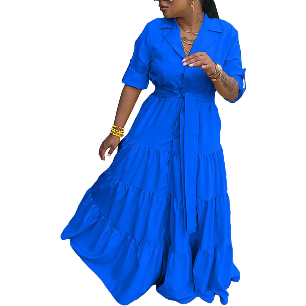 Spring Summer Women's Solid A-Line Shirt Dress With Belt 7