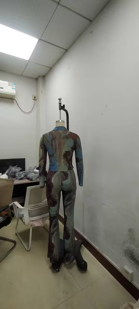 Women Sexy Button Printed Mesh Top and Bell Bottom Pants Two-Piece Set 11